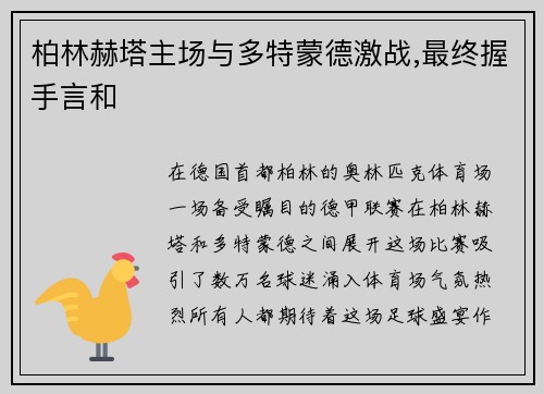 柏林赫塔主场与多特蒙德激战,最终握手言和